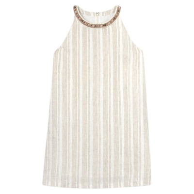 THESOONG亚麻竖条串珠腰带连衣裙