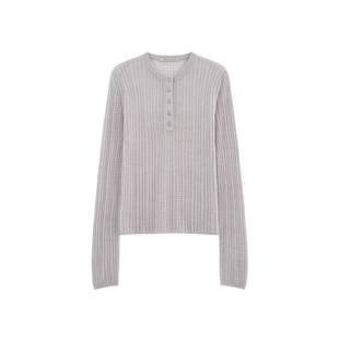 【未央】轻盈裸感60支天丝羊毛 镂空手工钉珠半门襟毛织上衣-0087