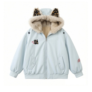 300斤大码女装慵懒风猫耳朵棉服女胖mm韩系宽松加厚保暖连帽外套