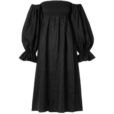 亚麻复古灯笼袖法式连衣裙