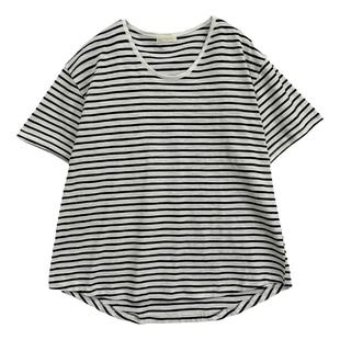 清爽透气~工厂新款竹节棉V领条纹宽松t恤女圆弧休闲上衣韩东大门