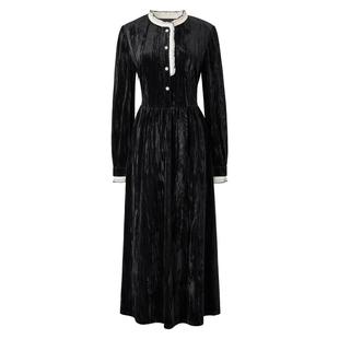 颜域法式复古丝绒小黑裙女装2025新款冬装收腰裙子长袖圆领连衣裙