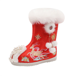 冬季加厚女童汉服鞋配拜年服女童鞋中国风红色儿童绣花鞋保暖棉鞋