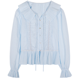 今屿花花 女款2026年新款春装长袖设计感衬衫蓝色小众上衣小个子