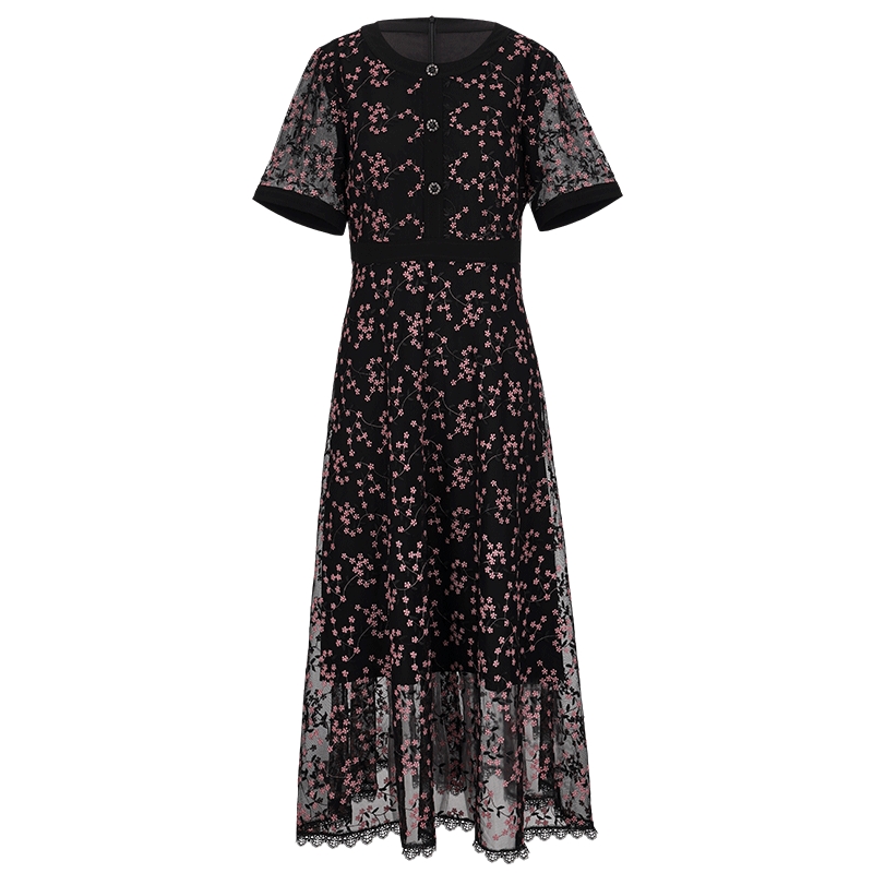 马天奴2025春夏款黑底粉花连衣裙子圆领收腰短袖印花裙气质时尚