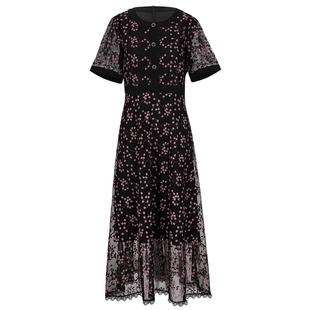 马天奴女装春夏款黑底粉花连衣裙子圆领收腰短袖印花裙气质时尚