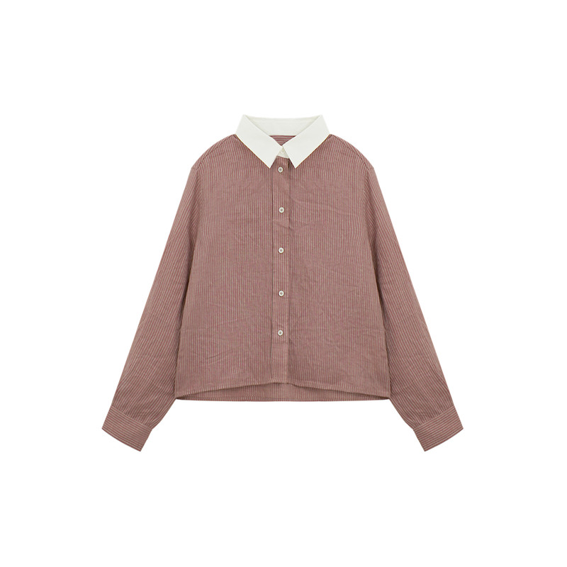 夏季撞色领竖条纹亚麻宽松衬衫
