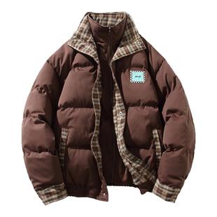 胖胖哥假两件格子棉服男款冬季新款加厚面包服大码宽松棉袄子外套
