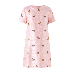 迪奥早春新中式连衣裙女2026新款国风小马刺绣提花麻缎短袖中长裙