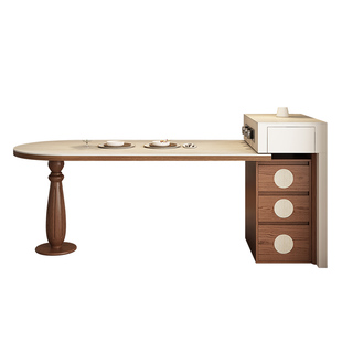 复古洞石岩板岛台餐桌一体可伸缩家用小户型导台现代中古风小岛台