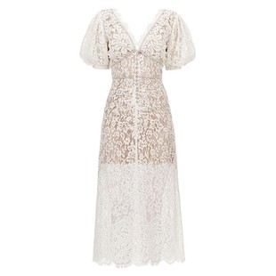 象牙白蕾丝修身显瘦长款连衣裙子高腰经典订婚领证小礼服平时可穿