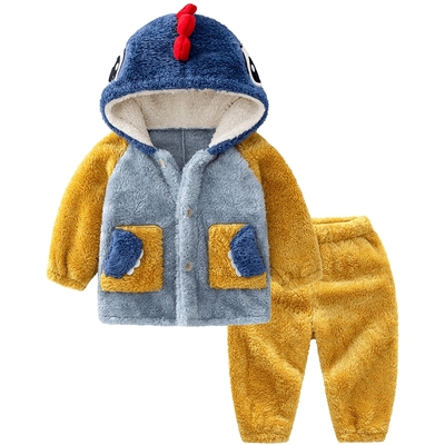 法兰绒夹棉加绒家居服珊瑚绒男童