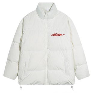 ALLIN 白色鸭绒羽绒服冬季男款品牌字母刺绣短款立领情侣潮牌外套