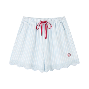 BE纯棉睡裤女夏季短裤蕾丝睡衣家居裤女士秋春单件条纹居家裤夏天