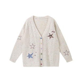 PCMY多彩星星刺绣韩版开衫V领情侣麻花毛衣外套冬季宽松针织上衣