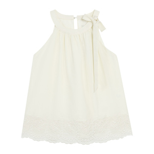 pusumede 层次波漾 法式挂脖吊带背心女刺绣小衫绑带露肩无袖上衣