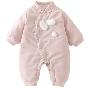 百天婴儿过年衣服秋冬装女宝宝夹棉连体衣中国风粉色外出拜年棉服