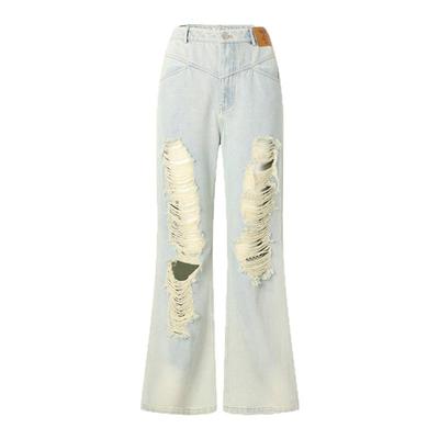 JAC FLEURANT【朴秀荣同款】新品浅蓝色破洞微喇显瘦女士牛仔裤