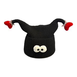 可爱搞怪大眼睛毛绒帽子女秋冬季百搭保暖辫子毛线针织帽爱心情侣