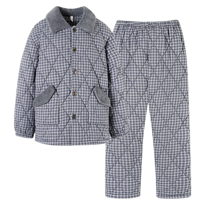 新一步纯棉开衫翻领男士睡衣加厚夹棉秋冬保暖翻领防寒家居服套装