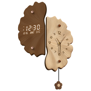 中古风客厅转角挂钟银杏叶万年历电子钟表创意发光双面拐角时钟