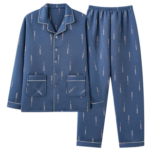 睡衣男士秋冬季加厚纯棉长袖中老年爸爸家居服薄款夹棉空气棉夹层