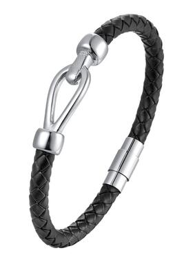 潮牌新品简约男士钛钢编织皮手镯马蹄形街头风手链不锈钢磁扣手饰