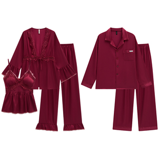 三件套情侣睡衣女春夏季冰丝长袖红色性感吊带带胸垫新婚家居服男