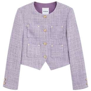 bebe2025秋季新款女士柔紫色明媚感穿搭长袖粗花呢短款外套340311