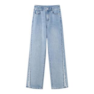 TKY SHOP直筒牛仔裤女侧边设计感毛边长裤春新款高腰显瘦牛仔长裤