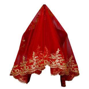 新娘出嫁头纱凤冠霞帔盖头结婚礼服中式复古秀禾服半透明红色盖头