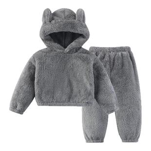 韩版女童豹纹毛绒家居服套装2025秋冬装新款儿童连帽可爱毛毛睡衣