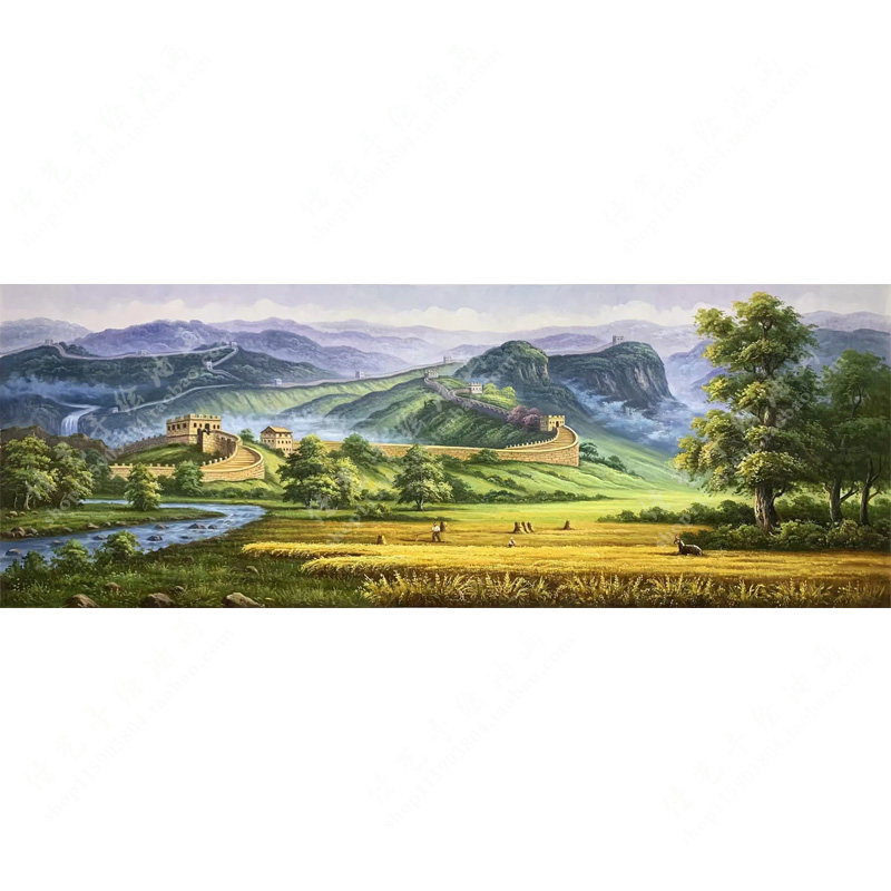纯手绘五谷丰收长城风景油画麦田办公室客厅装饰画金色大稻田挂画
