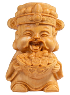 小叶黄杨木财神爷摆件创意桌面装饰木雕文玩工艺品手把件招财送礼