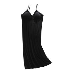 纯棉睡衣女夏季黑色吊带性感睡裙带胸垫蕾丝诱惑莫代尔打底春秋