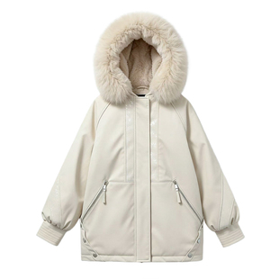 大码女装高级感显瘦毛绒连帽派克服女胖mm慵懒风加厚保暖棉服外套