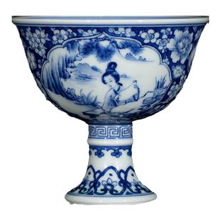 钟家窑主人杯茶杯 景德镇纯手绘万花开窗仕女高脚杯品茗功夫茶杯