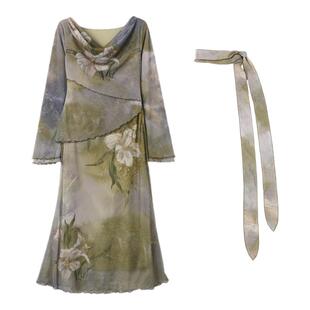 西町村屋艺术感油画晕染连衣裙女春夏新款法式复古裙子XAAA10017