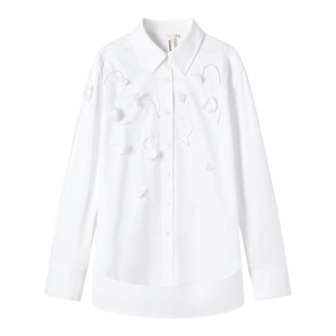 CROWNLESS未冕新款高级经典宽松微落肩小尖领手工花衬衫女