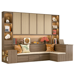 定制整墙书柜一体到顶客厅沙书柜发一体墙复古卡座书柜储物柜9F93