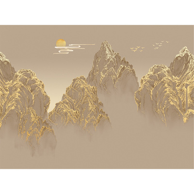新中式鎏金山水背景墙壁画墙布