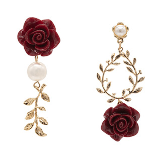 25SUMMER原创复古安哥拉丝绒红玫瑰金树枝珍珠花朵耳环气质耳钉夹