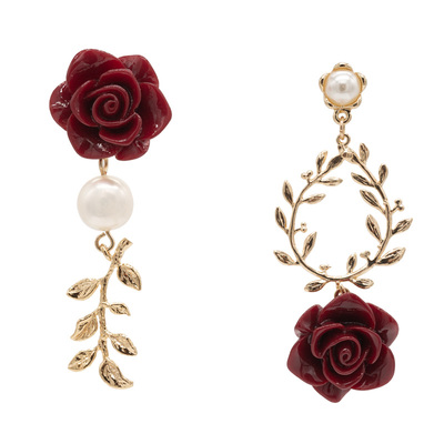 港风复古红玫瑰不对称花朵耳环