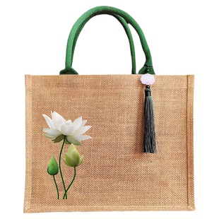 亚麻手提袋古风荷花包包环保购物袋茶叶礼品袋包装袋麻布袋子定制