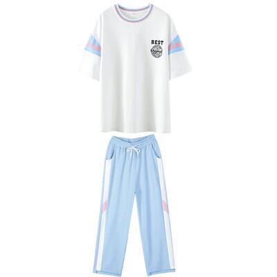 2024夏季印花休闲套装撞色拼接