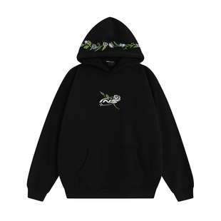 INSstudios 国潮牌情侣美式玫瑰花刺绣LOGO卫衣宽松加绒连帽衫男