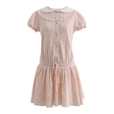 森女部落甜美风短袖连衣裙女新款纯棉娃娃领收腰遮肉设计感短裙夏