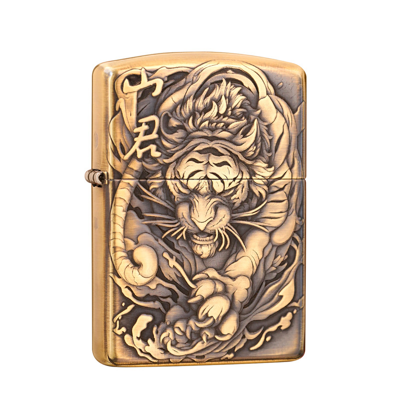 Zippo熏铜山君虎盔甲浮雕送礼