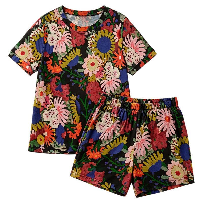 MOLLYROSA花野集 短袖短裤复古花卉睡衣莱赛尔纤维羊毛家居服夏季
