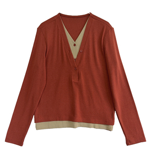 软糯春秋砖红色打底衫~韩系休闲风假两件长袖T恤V领修身显瘦上衣